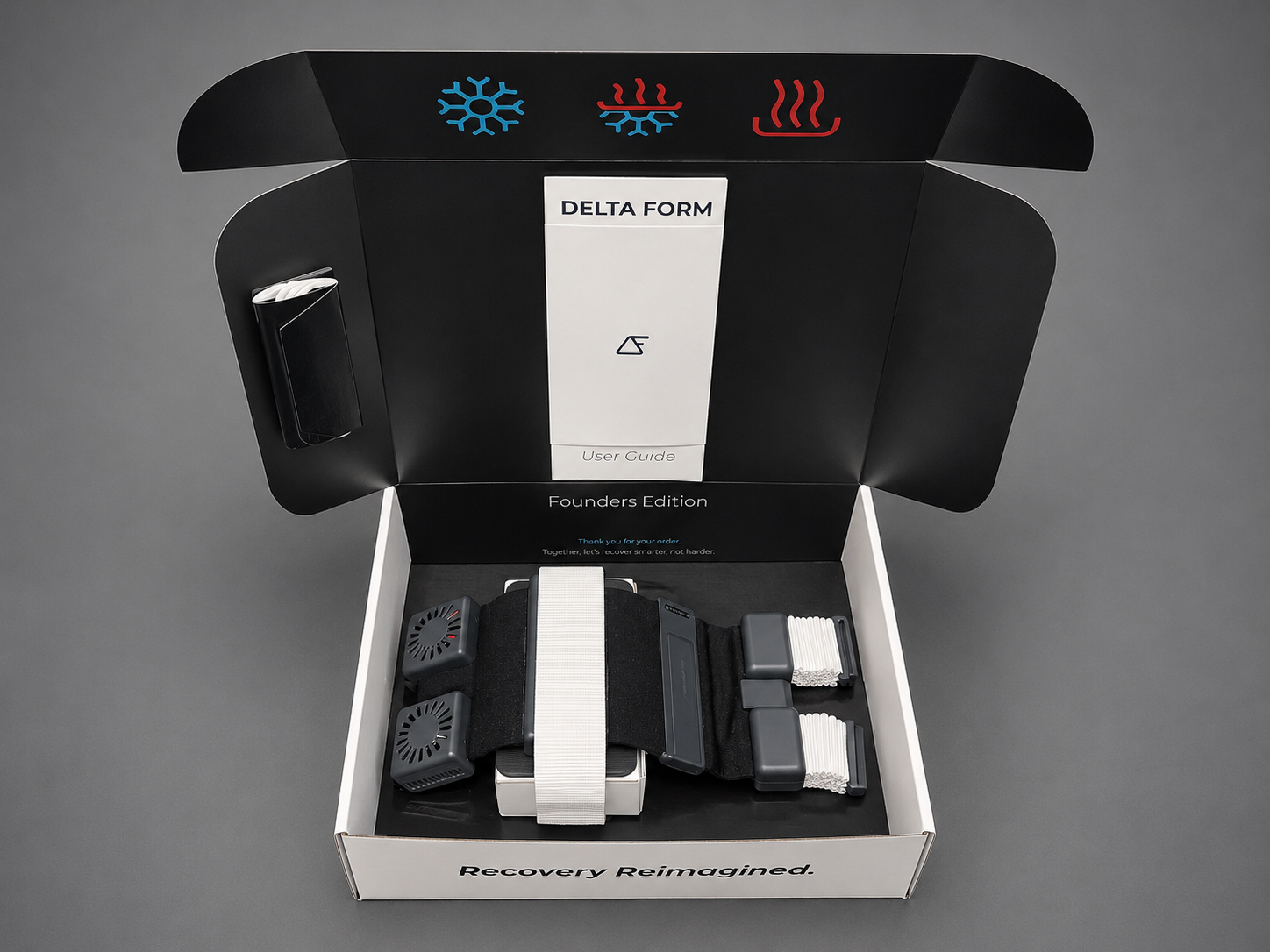 Open box containing a product with 'Delta Form on a gray background